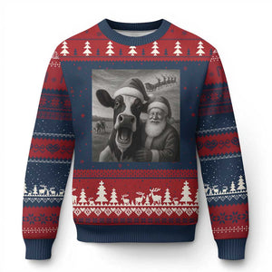 Funny Santa Selfie with Cow Xmas Ugly Christmas Sweater - Print Your Wear