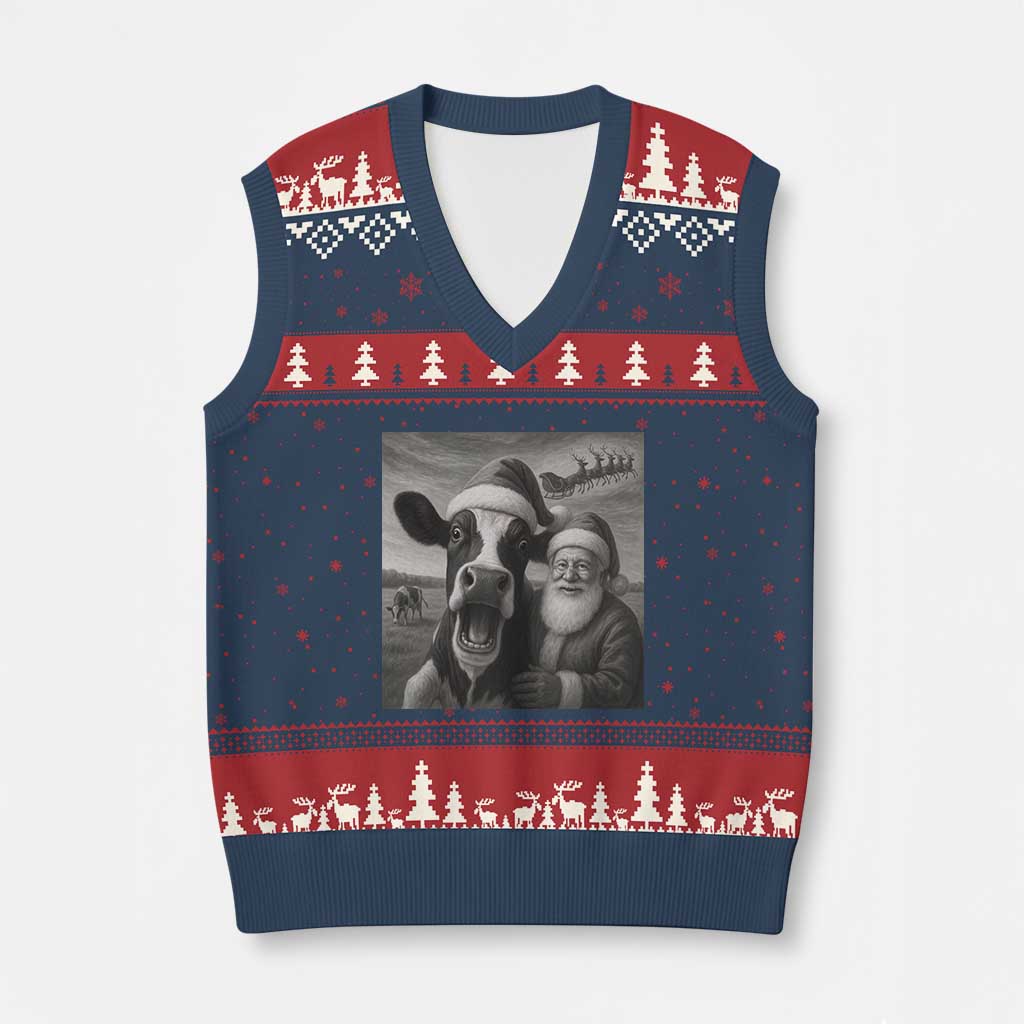 Funny Santa Selfie with Cow Xmas V-Neck Knit Sweater Vest TS14 Navy Red Print Your Wear