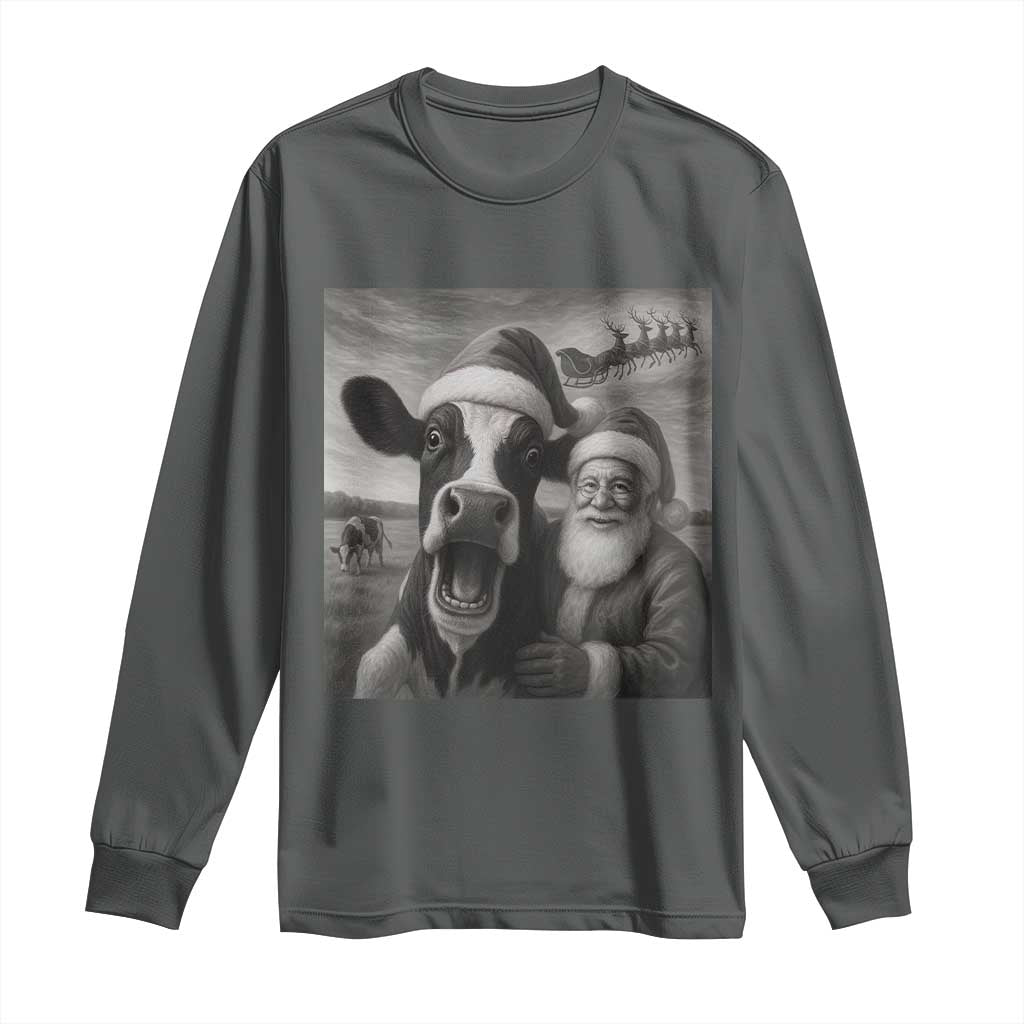 Funny Santa Selfie with Cow Christmas Long Sleeve Shirt TS14 Dark Heather Print Your Wear