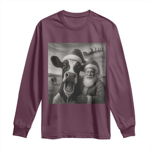 Funny Santa Selfie with Cow Christmas Long Sleeve Shirt TS14 Maroon Print Your Wear