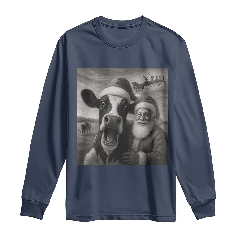 Funny Santa Selfie with Cow Christmas Long Sleeve Shirt TS14 Navy Print Your Wear