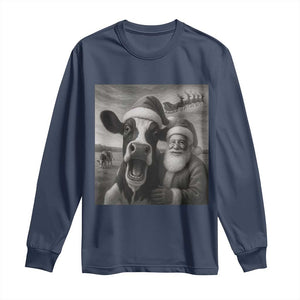 Funny Santa Selfie with Cow Christmas Long Sleeve Shirt TS14 Navy Print Your Wear