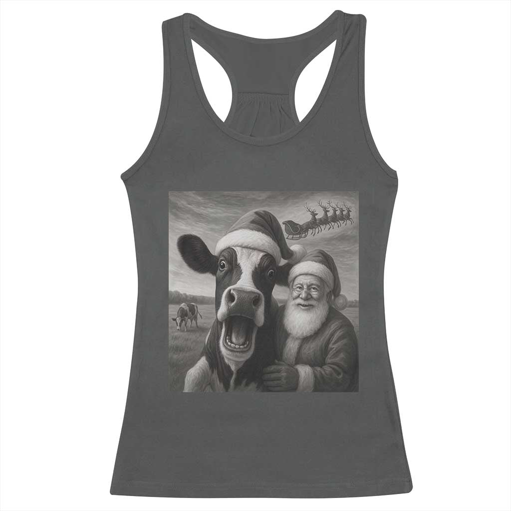 Funny Santa Selfie with Cow Christmas Racerback Tank Top TS14 Dark Heather Print Your Wear