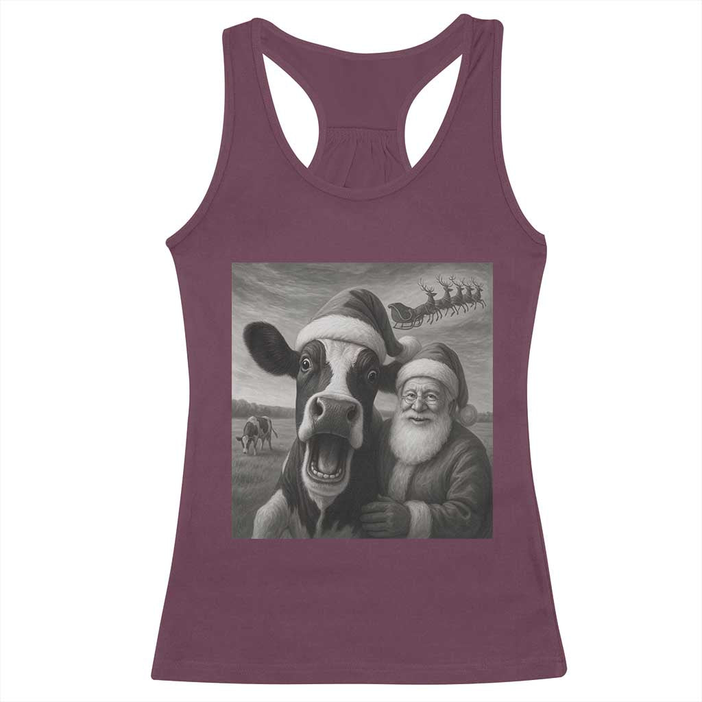 Funny Santa Selfie with Cow Christmas Racerback Tank Top TS14 Maroon Print Your Wear