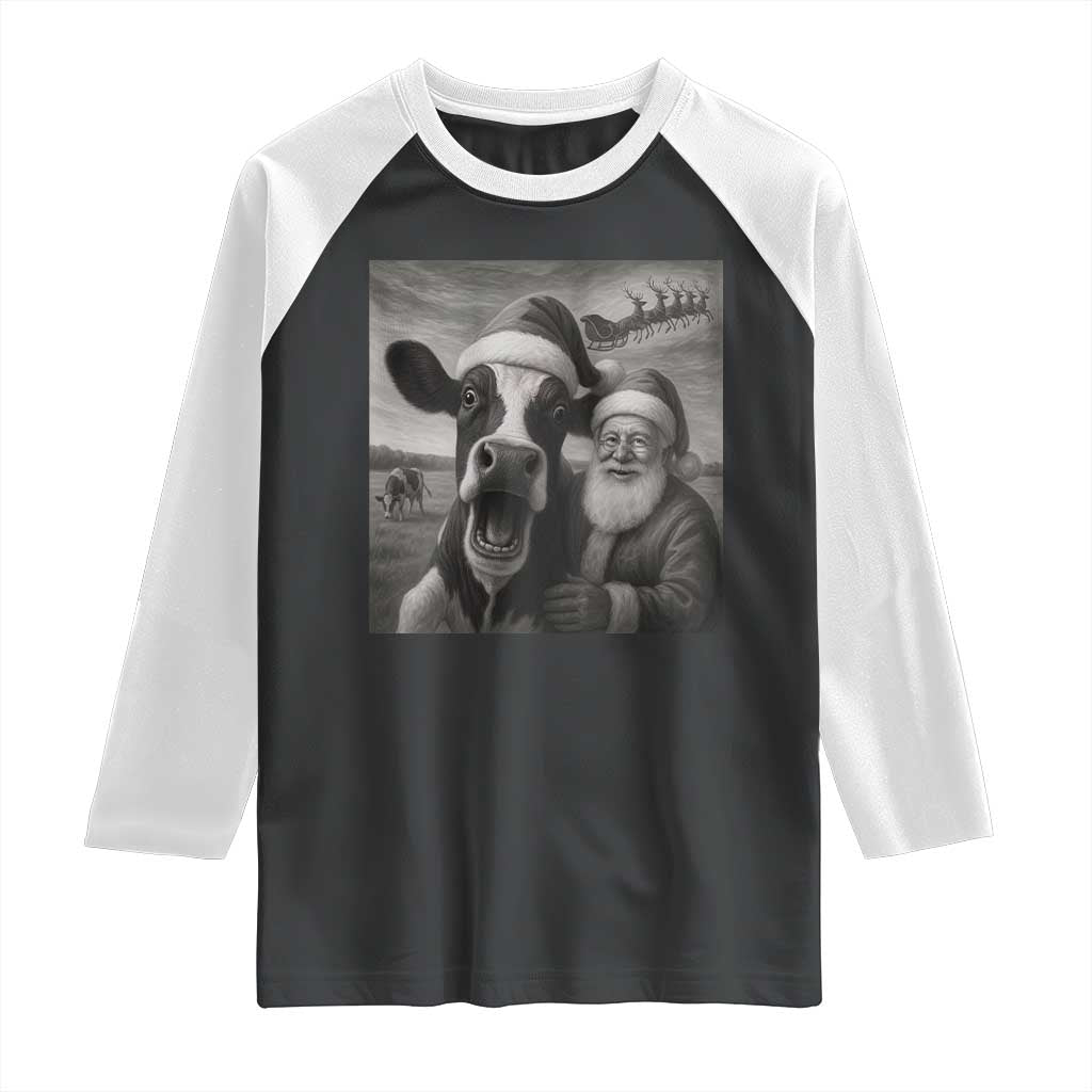 Funny Santa Selfie with Cow Christmas Raglan Shirt TS14 Black White Print Your Wear