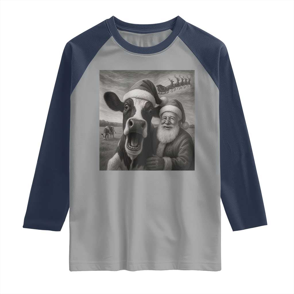 Funny Santa Selfie with Cow Christmas Raglan Shirt TS14 Sport Gray Navy Print Your Wear