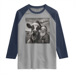 Funny Santa Selfie with Cow Christmas Raglan Shirt TS14 Sport Gray Navy Print Your Wear