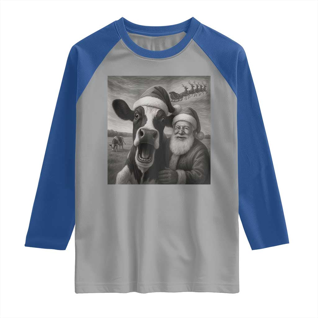 Funny Santa Selfie with Cow Christmas Raglan Shirt TS14 Sport Gray Royal Print Your Wear