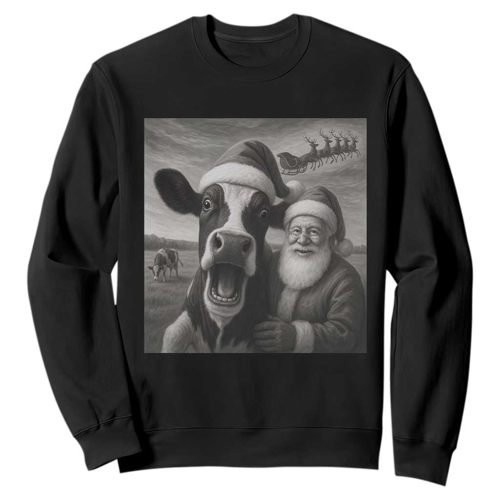 Funny Santa Selfie with Cow Christmas Sweatshirt TS14 Black Print Your Wear