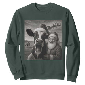 Funny Santa Selfie with Cow Christmas Sweatshirt TS14 Dark Forest Green Print Your Wear