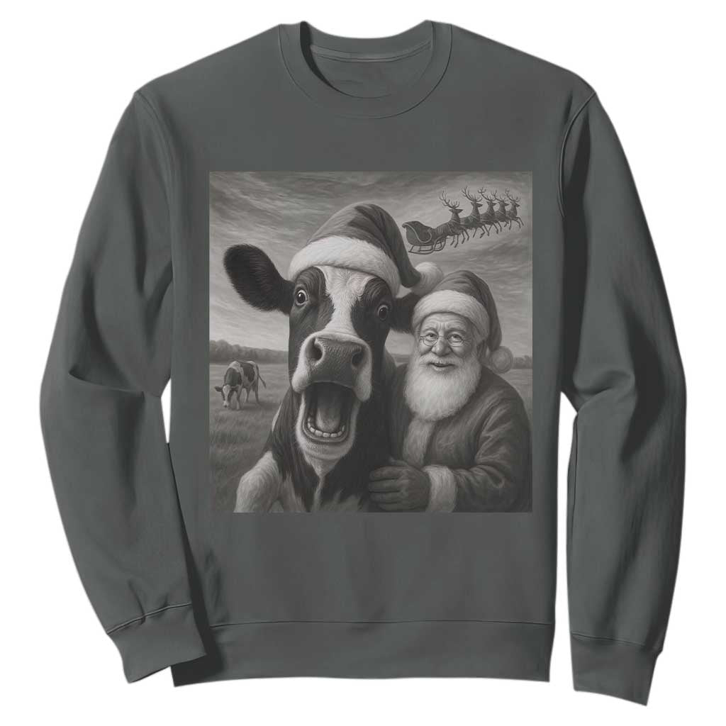 Funny Santa Selfie with Cow Christmas Sweatshirt TS14 Dark Heather Print Your Wear