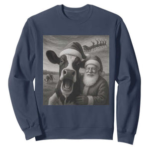Funny Santa Selfie with Cow Christmas Sweatshirt TS14 Navy Print Your Wear