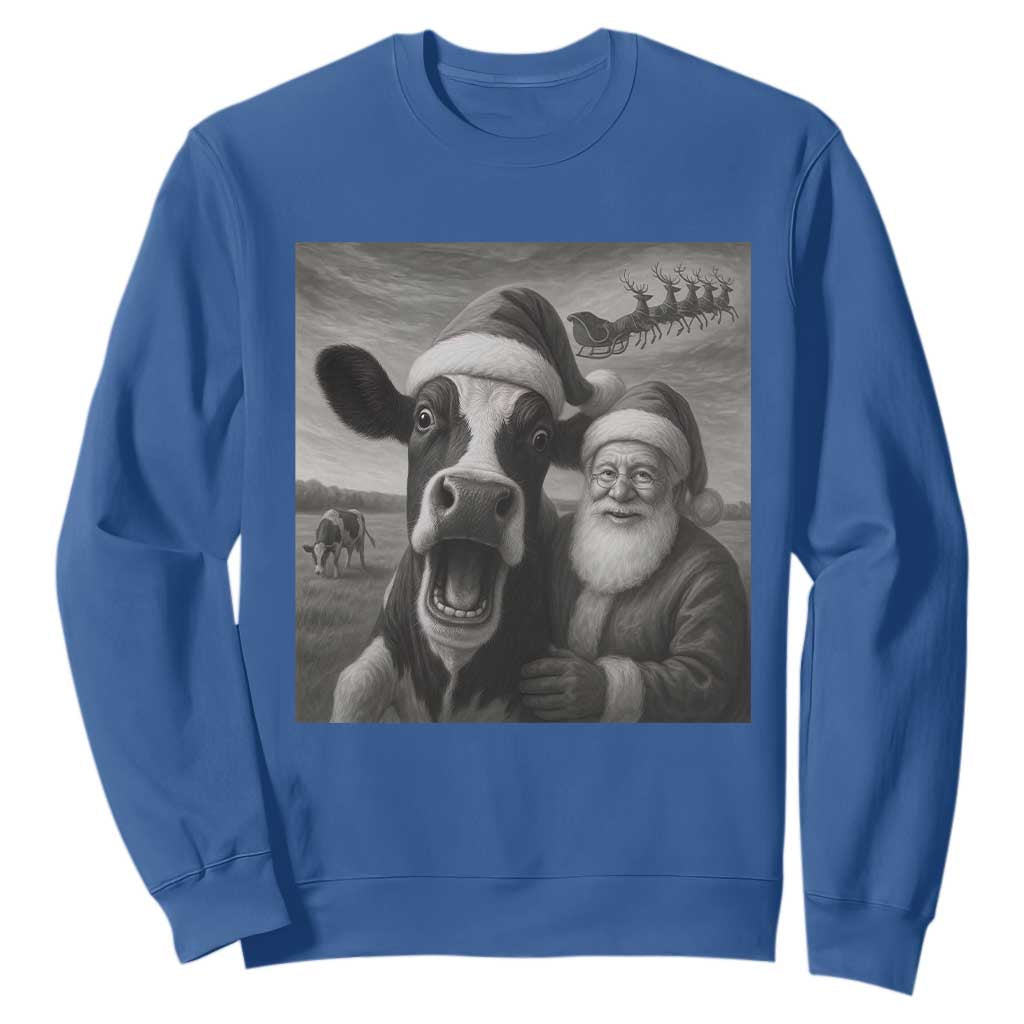 Funny Santa Selfie with Cow Christmas Sweatshirt TS14 Royal Blue Print Your Wear