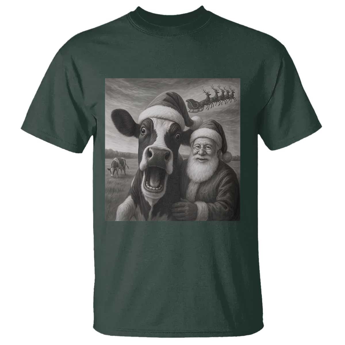Funny Santa Selfie with Cow Christmas T Shirt TS14 Dark Forest Green Print Your Wear