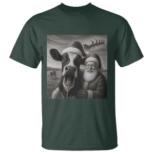 Funny Santa Selfie with Cow Christmas T Shirt TS14 Dark Forest Green Print Your Wear