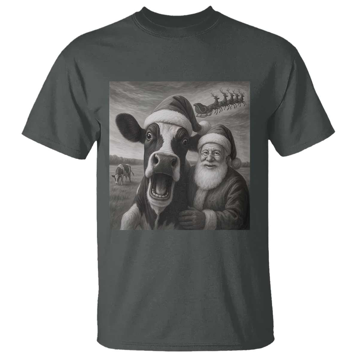 Funny Santa Selfie with Cow Christmas T Shirt TS14 Dark Heather Print Your Wear