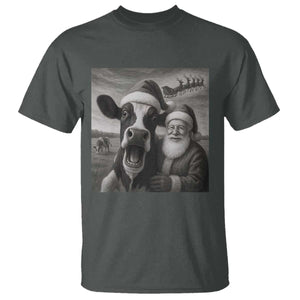 Funny Santa Selfie with Cow Christmas T Shirt TS14 Dark Heather Print Your Wear