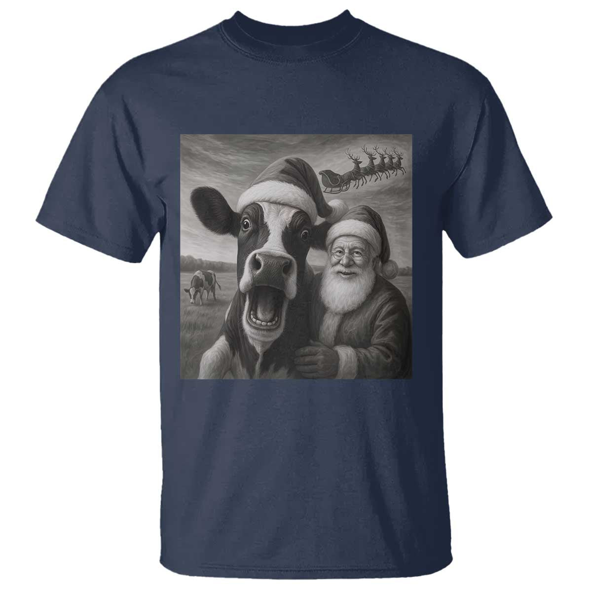 Funny Santa Selfie with Cow Christmas T Shirt TS14 Navy Print Your Wear