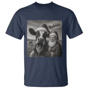 Funny Santa Selfie with Cow Christmas T Shirt TS14 Navy Print Your Wear