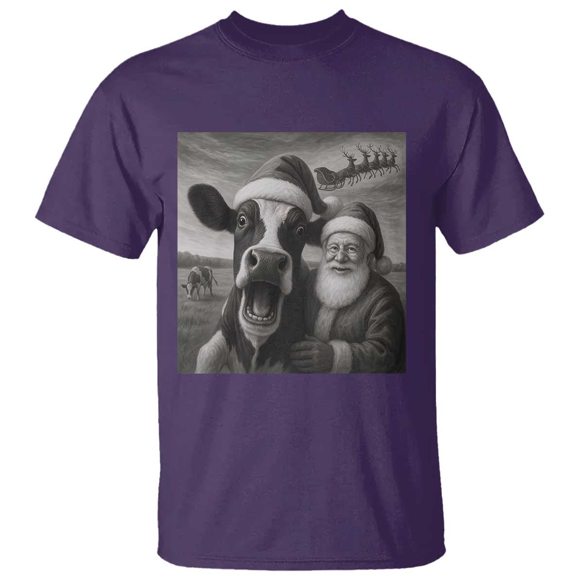 Funny Santa Selfie with Cow Christmas T Shirt TS14 Purple Print Your Wear