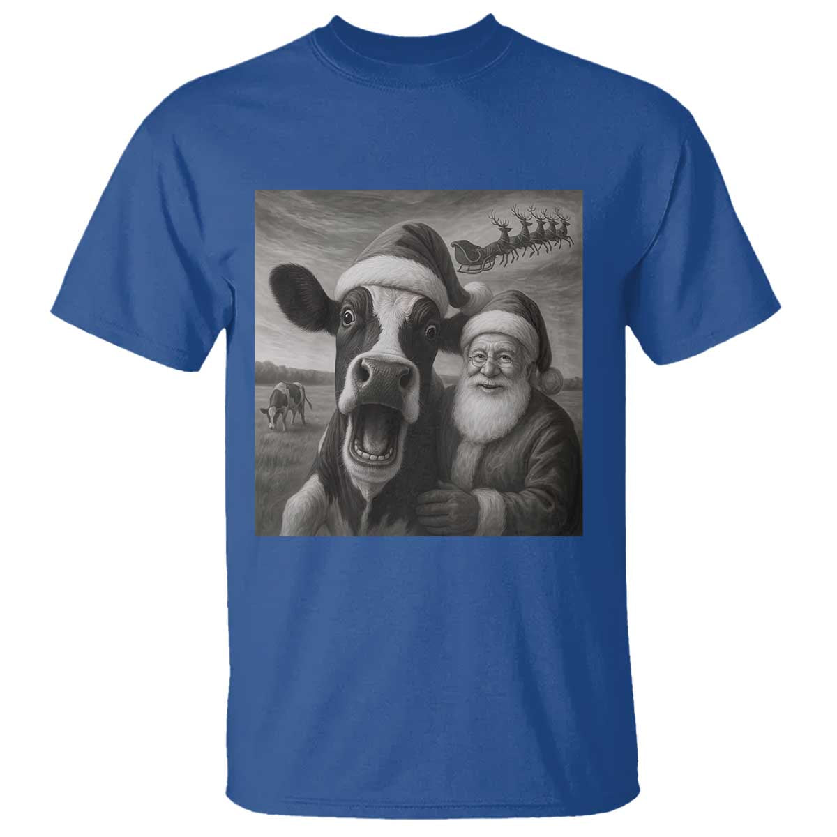 Funny Santa Selfie with Cow Christmas T Shirt TS14 Royal Blue Print Your Wear