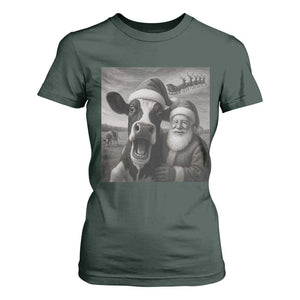 Funny Santa Selfie with Cow Christmas T Shirt For Women TS14 Dark Forest Green Print Your Wear