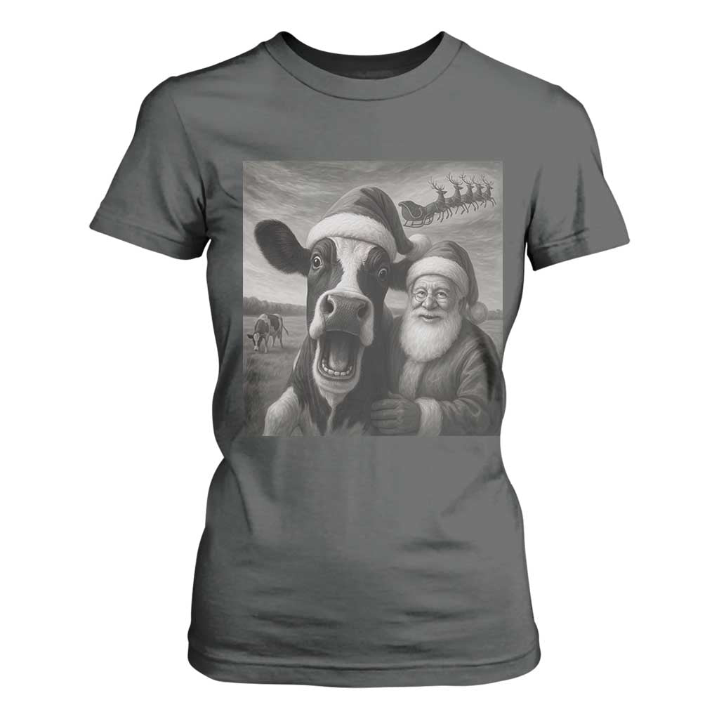 Funny Santa Selfie with Cow Christmas T Shirt For Women TS14 Dark Heather Print Your Wear