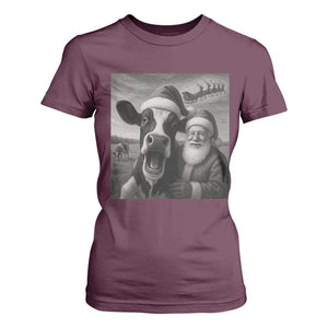 Funny Santa Selfie with Cow Christmas T Shirt For Women TS14 Maroon Print Your Wear
