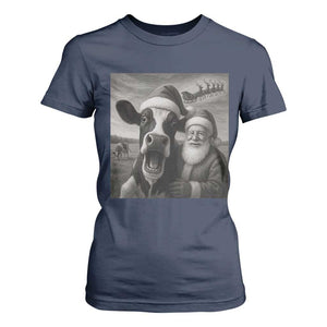 Funny Santa Selfie with Cow Christmas T Shirt For Women TS14 Navy Print Your Wear