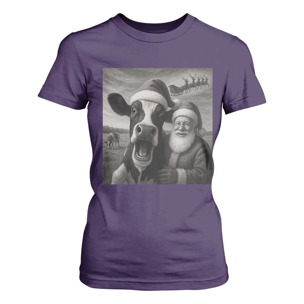 Funny Santa Selfie with Cow Christmas T Shirt For Women TS14 Purple Print Your Wear