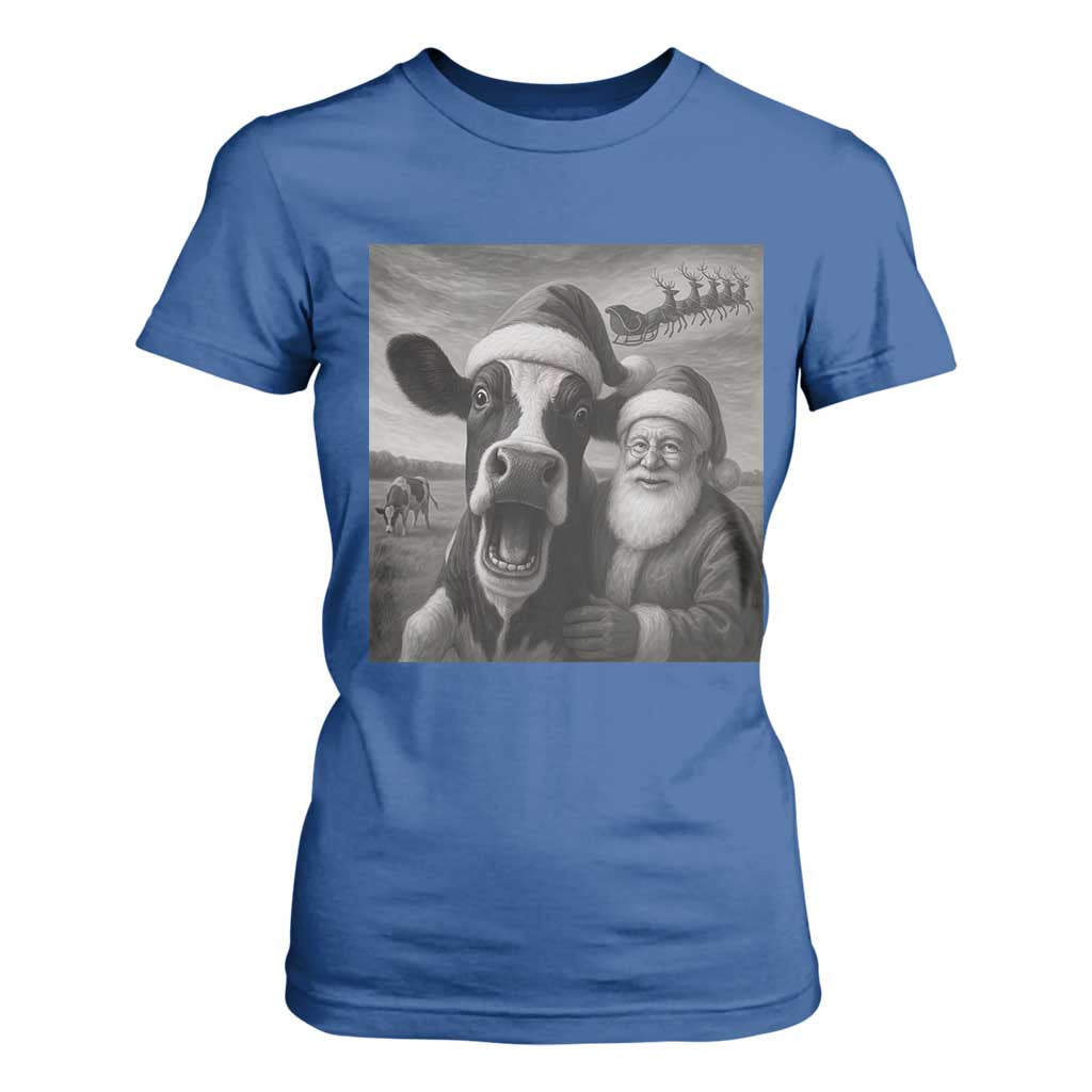 Funny Santa Selfie with Cow Christmas T Shirt For Women TS14 Royal Blue Print Your Wear