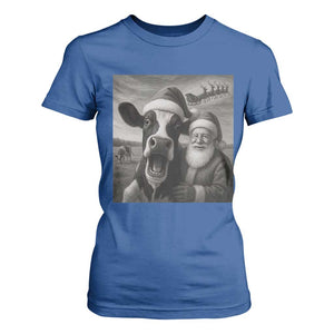 Funny Santa Selfie with Cow Christmas T Shirt For Women TS14 Royal Blue Print Your Wear