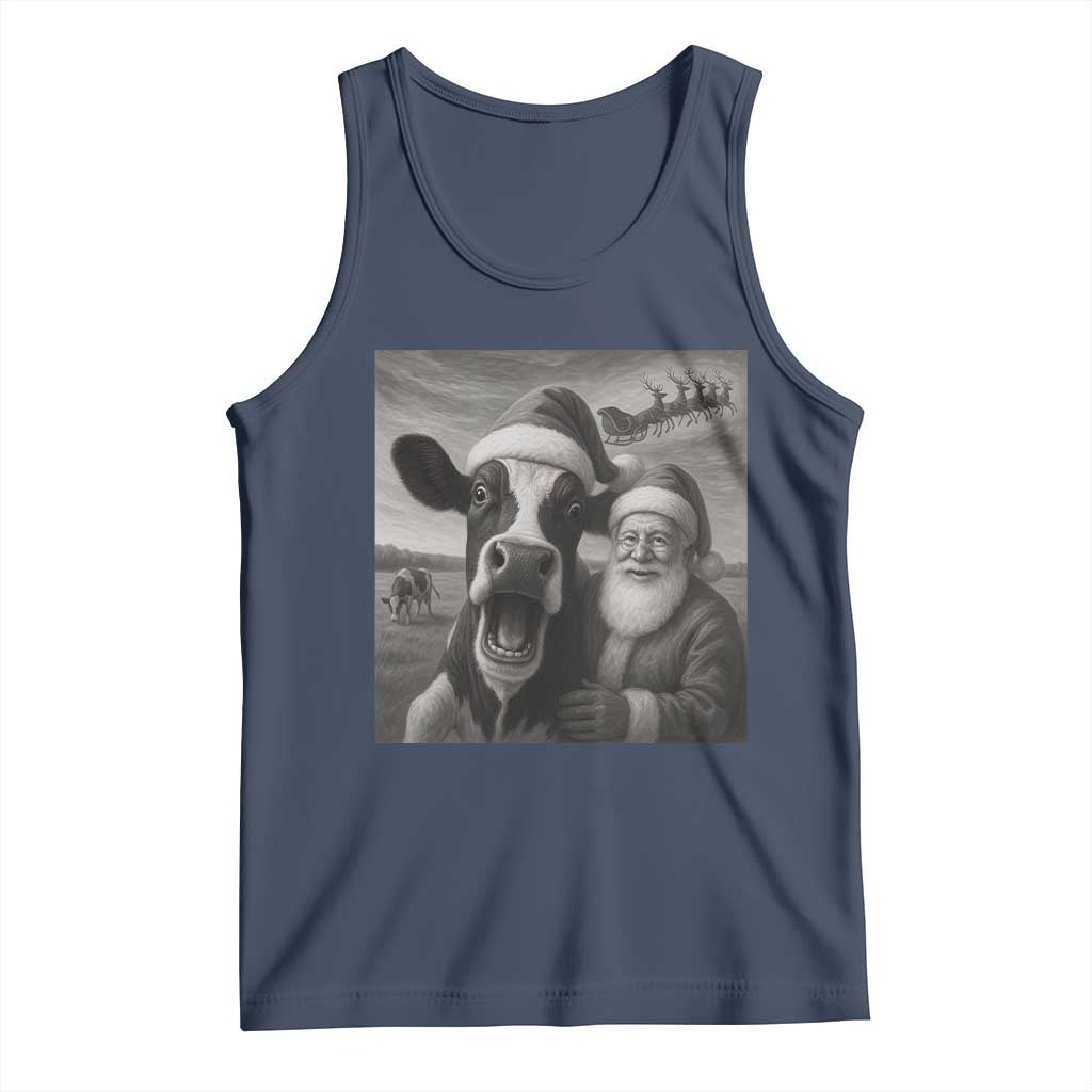 Funny Santa Selfie with Cow Christmas Tank Top TS14 Navy Print Your Wear
