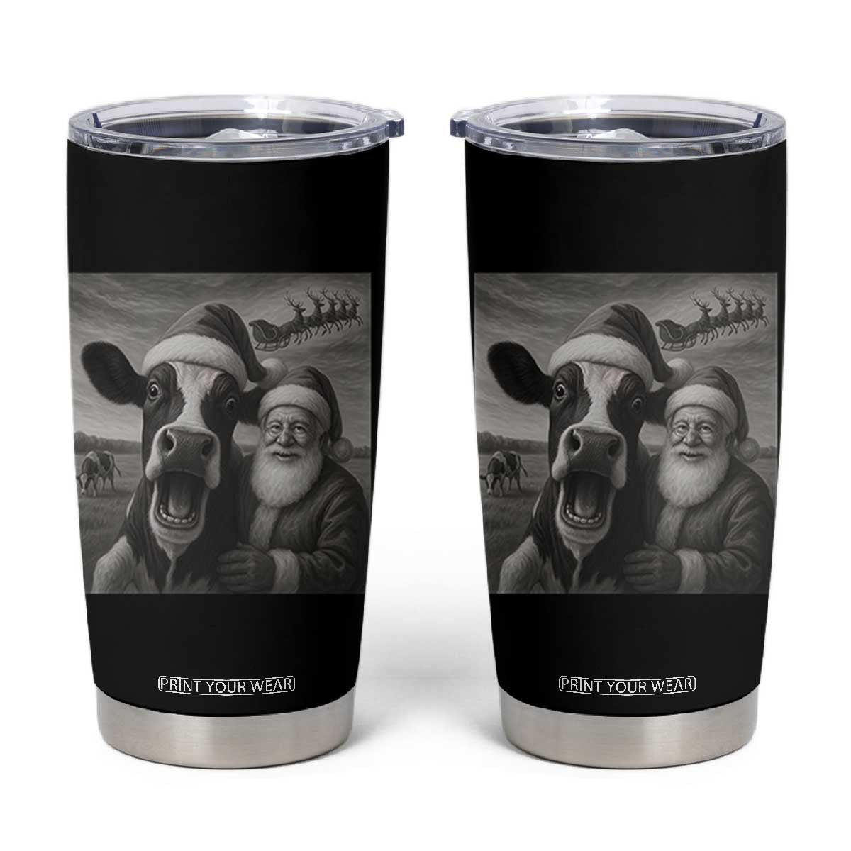 Funny Santa Selfie with Cow Christmas Tumbler Cup TS14 Black Print Your Wear