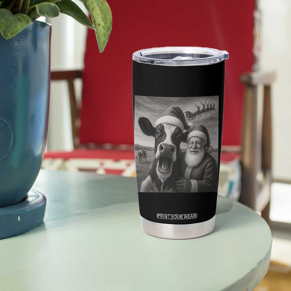 Funny Santa Selfie with Cow Christmas Tumbler Cup TS14 Print Your Wear