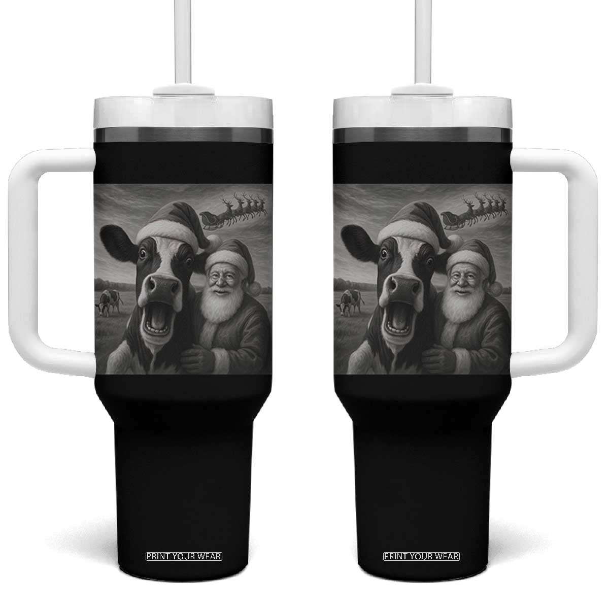 Funny Santa Selfie with Cow Christmas Tumbler With Handle TS14 One Size: 40 oz Black Print Your Wear