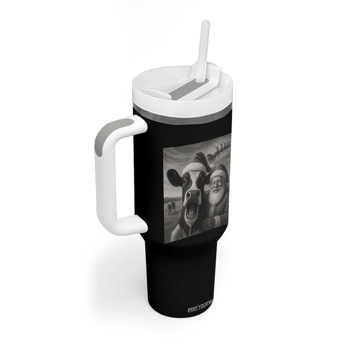 Funny Santa Selfie with Cow Christmas Tumbler With Handle TS14 Print Your Wear