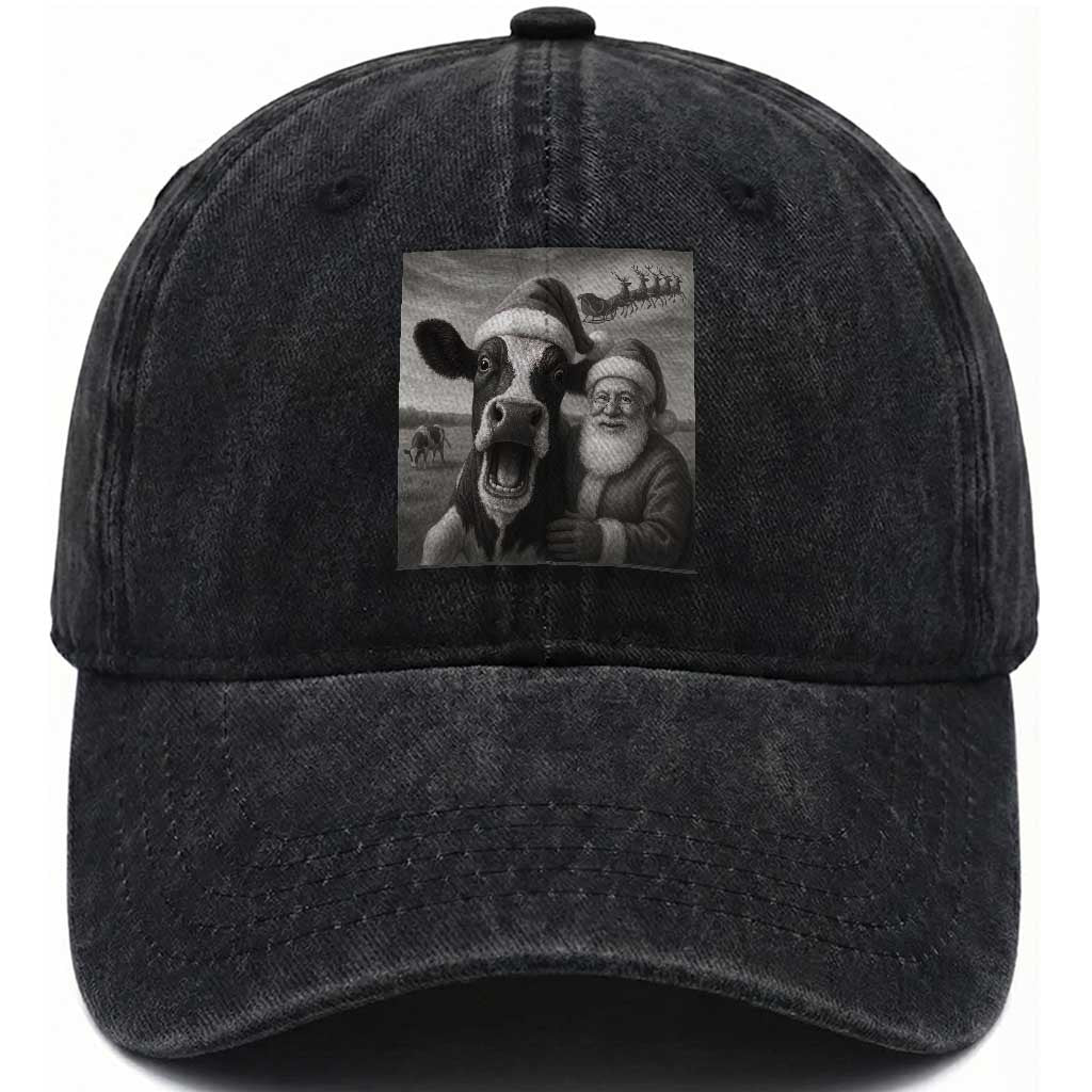 Funny Santa Selfie with Cow Christmas Washed Cotton Baseball Cap TS14 Washed Cap Universal Fit Black Print Your Wear