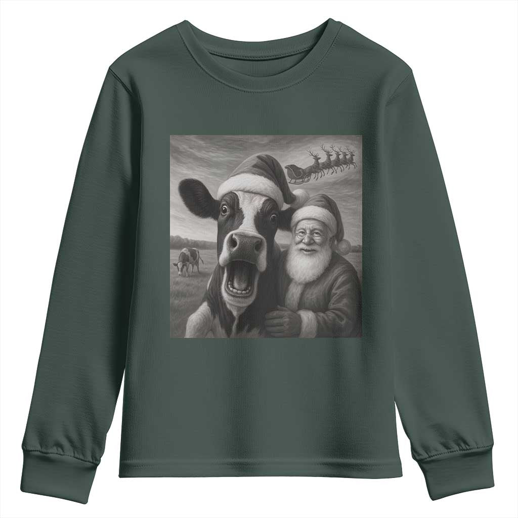 Funny Santa Selfie with Cow Christmas Youth Sweatshirt TS14 Dark Forest Green Print Your Wear