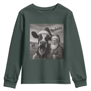 Funny Santa Selfie with Cow Christmas Youth Sweatshirt TS14 Dark Forest Green Print Your Wear