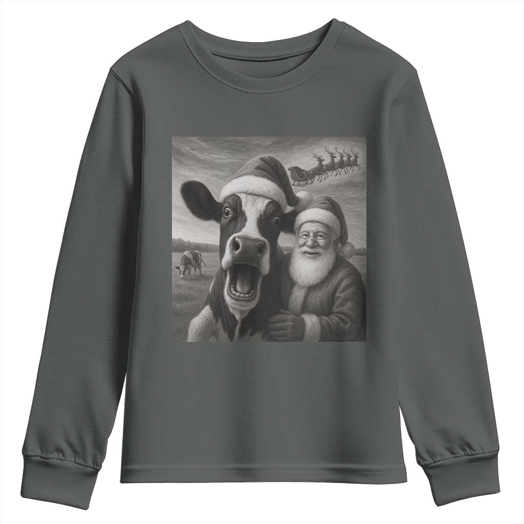 Funny Santa Selfie with Cow Christmas Youth Sweatshirt TS14 Dark Heather Print Your Wear