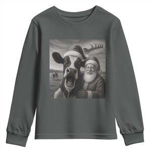 Funny Santa Selfie with Cow Christmas Youth Sweatshirt TS14 Dark Heather Print Your Wear