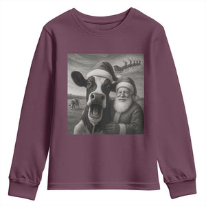 Funny Santa Selfie with Cow Christmas Youth Sweatshirt TS14 Maroon Print Your Wear