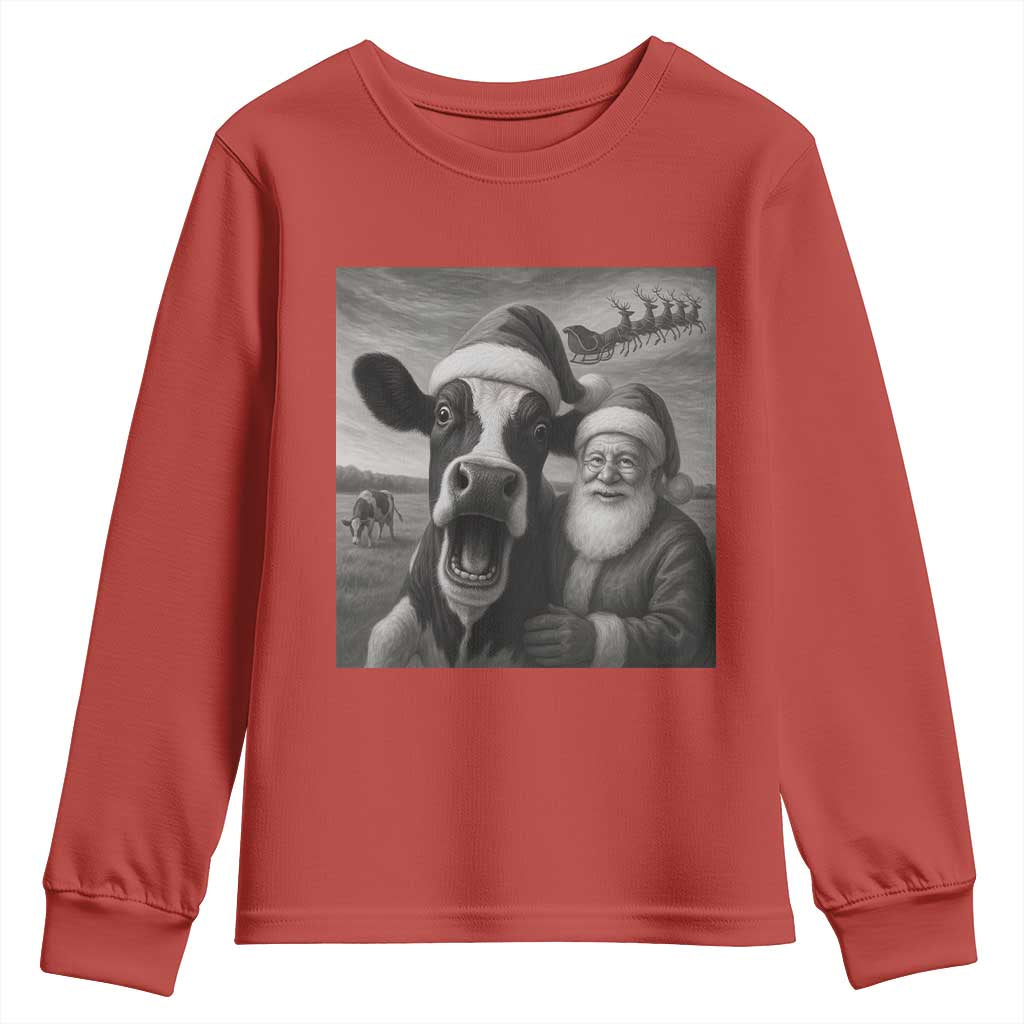 Funny Santa Selfie with Cow Christmas Youth Sweatshirt TS14 Red Print Your Wear