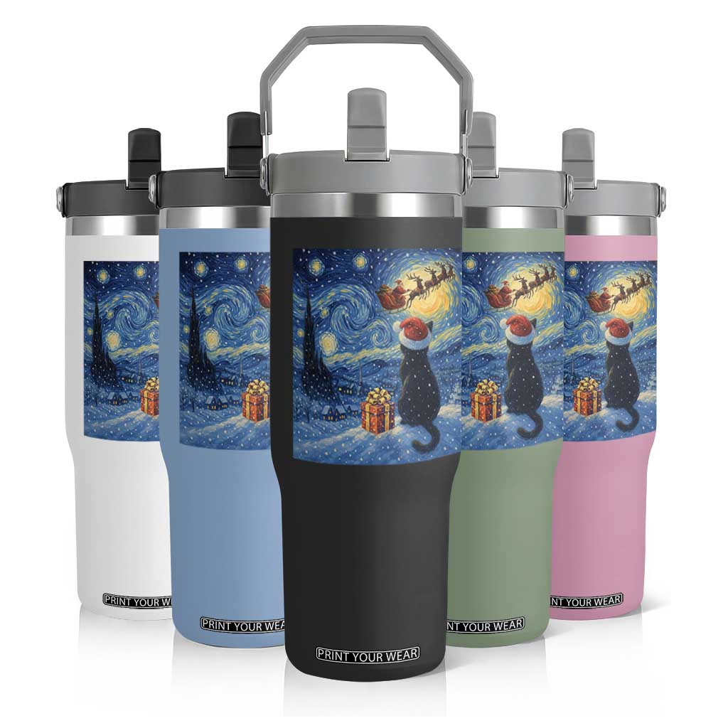 Cat Starry Night Christmas Flip Straw Tumbler Van Gogh Cat Lover Xmas TS14 Print Your Wear