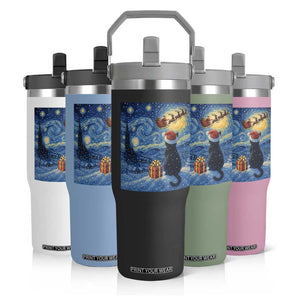 Cat Starry Night Christmas Flip Straw Tumbler Van Gogh Cat Lover Xmas TS14 Print Your Wear