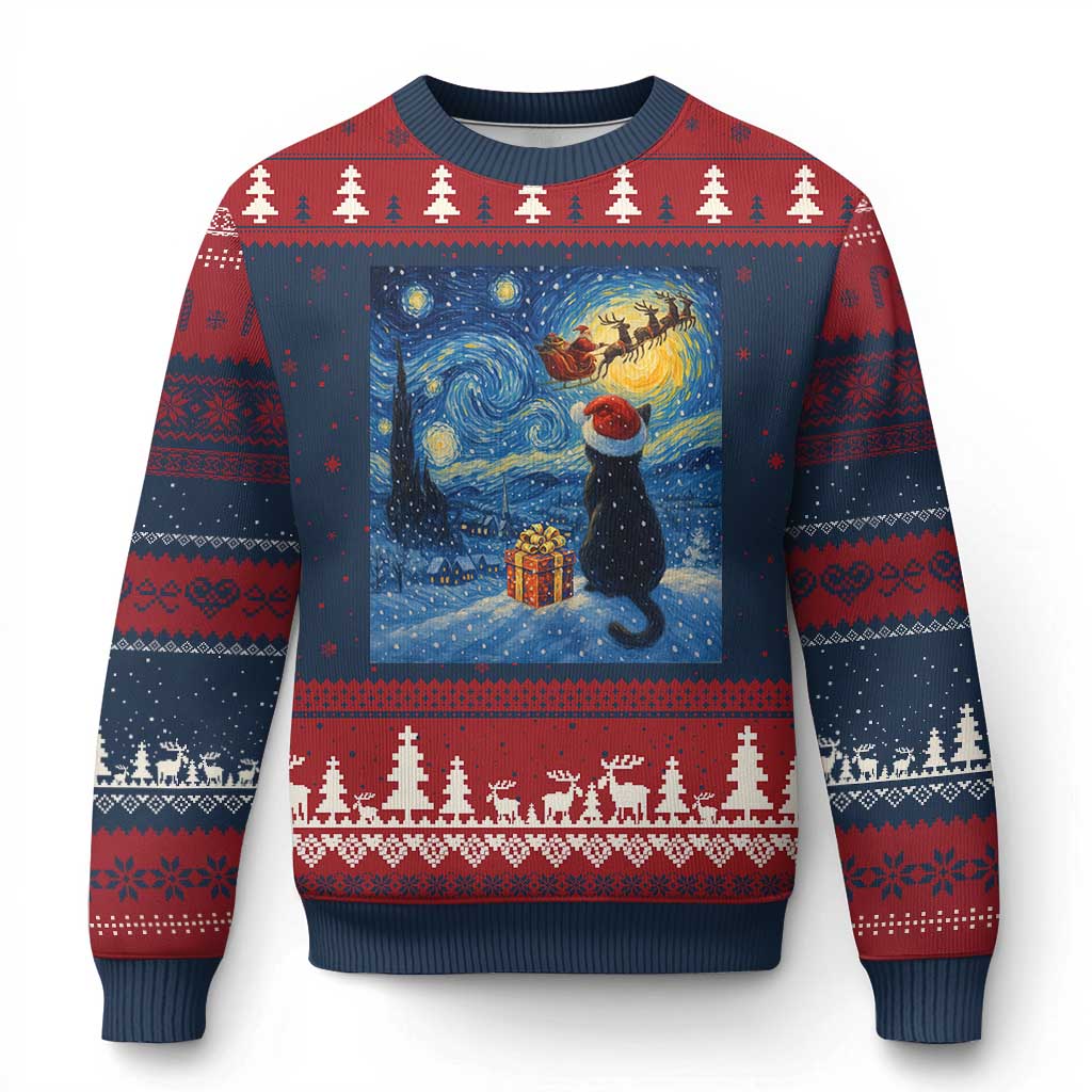 Cat Starry Night Xmas Ugly Christmas Sweater Van Gogh Cat Lover Xmas - Print Your Wear