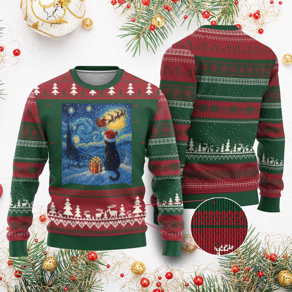 Cat Starry Night Xmas Ugly Christmas Sweater Van Gogh Cat Lover Xmas TS14 Red Green Print Your Wear