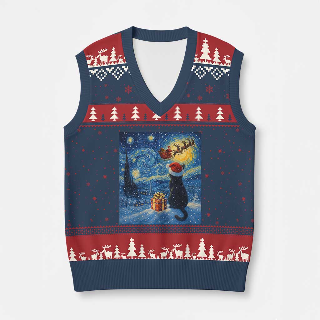 Cat Starry Night Xmas V-Neck Knit Sweater Vest Van Gogh Cat Lover Xmas TS14 Navy Red Print Your Wear