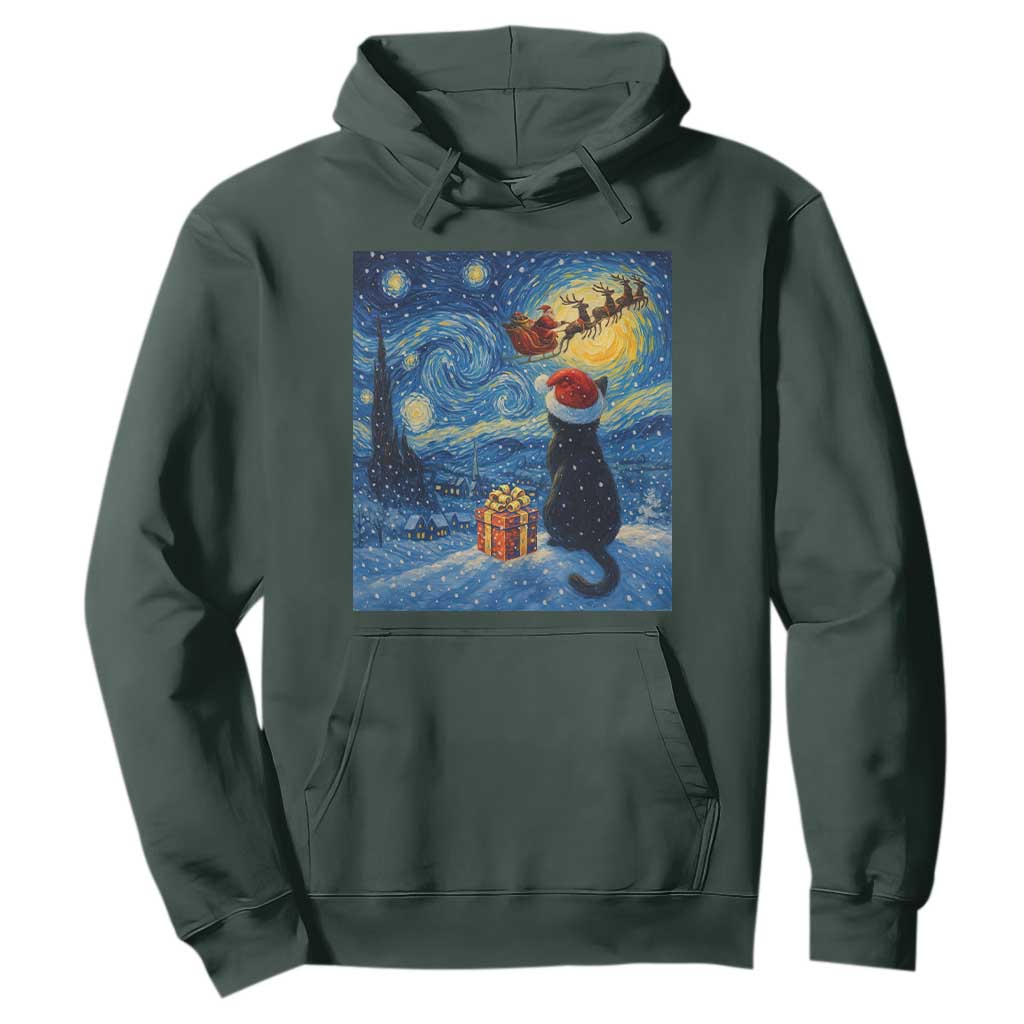 Cat Starry Night Christmas Hoodie Van Gogh Cat Lover Xmas TS14 Dark Forest Green Print Your Wear